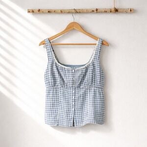 Hollister Blue Plaid Smocked Back Button Front Tank Top Lace Trim XL